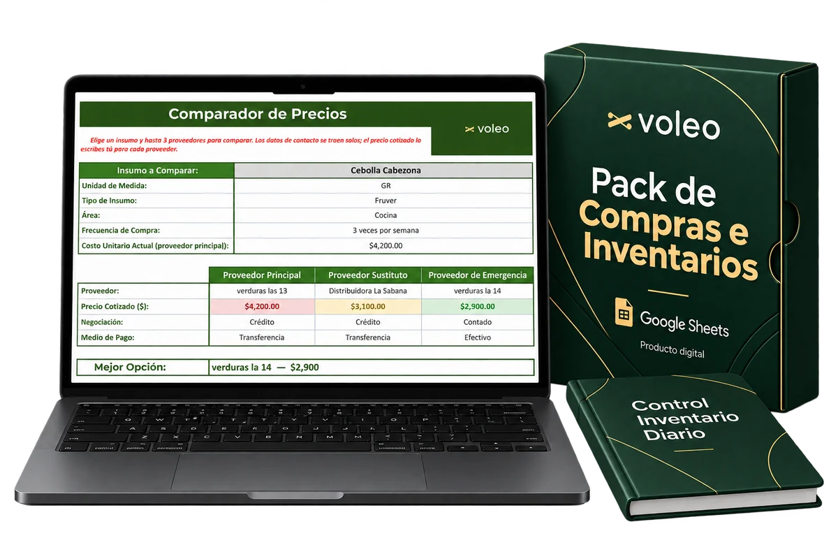 Laptop con el comparador de proveedores junto al estuche digital del Pack de Compras e Inventarios Voleo.