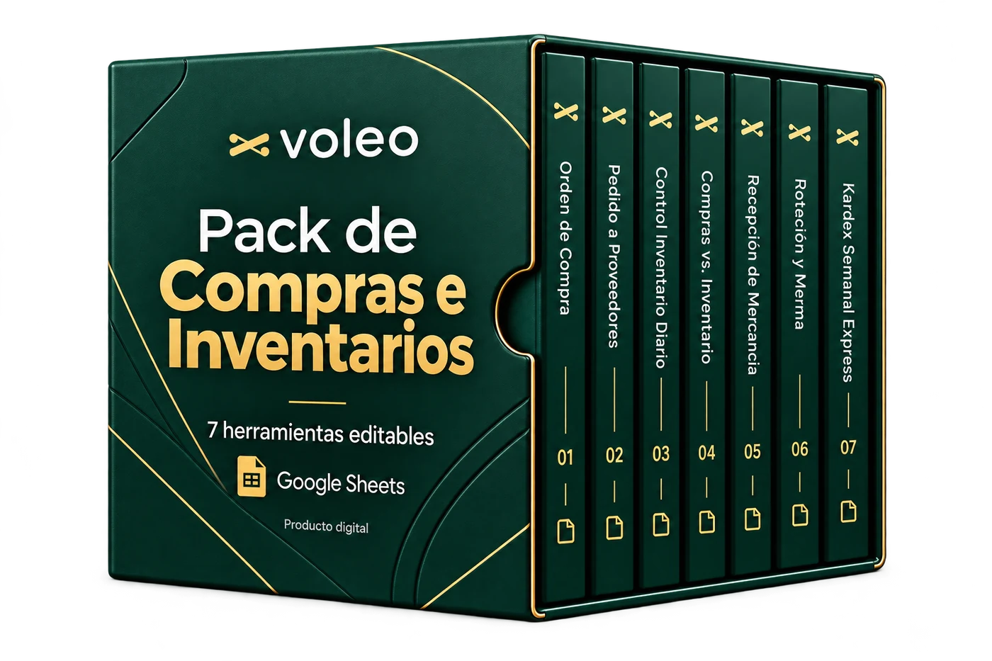 Pack de Compras e Inventarios Voleo en un estuche verde y dorado con siete herramientas editables en Google Sheets, con formato de inventario para restaurante, órdenes de compra y control de proveedores.